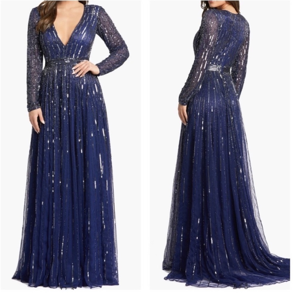 Mac Duggal New Midnight Blue Sequined V Neck Illusion Sleeve A Line Gown